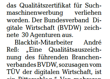 Artikel GT: Blackbit als einzige Agentur in Südniedersachsen mit Qualitätszertifikat für Suchmaschinenwerbung ausgezeichnet | © Göttinger Tageblatt GmbH & Co. KG